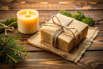 Fototapeta premium Ecological Cosmetics Set with Beeswax Candle and Soap Mockup in Rustic Style for Christmas Gifts on Wooden Background – Sustainable Bath and Skin Care Products