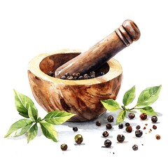 Watercolor painting of a wooden mortar and pestle with peppercorns and basil leaves.