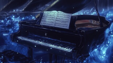 Artistic depiction of a grand piano surrounded by flowing water, showcasing a magical blend of music, emotion, and creativity in a captivating fantasy setting