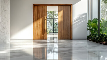 Obraz premium Sunlit modern interior with open wooden sliding doors revealing a garden view.