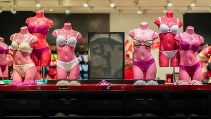 Pink female mannequins show different color and type lace bra and panties. Racks with sexy underwear in lingerie store