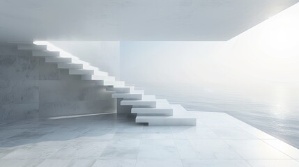 Floating staircase in a minimalist white interior
