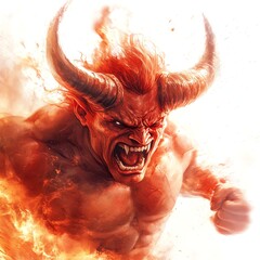 Fierce horned creature, engulfed in flames, isolated on a white background.