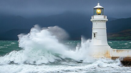 Majestic Lighthouse Standing Strong Against Powerful Waves in Stormy Weather with Dramatic Sky in the Background Evoking Nature's Raw Beauty and Resilience