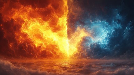Fototapeta premium A Split Horizon Landscape of Good and Evil Featuring Fiery and Icy Skies with a Road Between Heaven and Hell