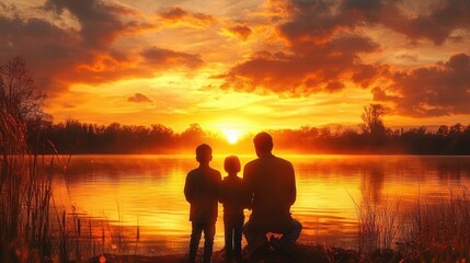 Fototapeta premium Family Sitting by Lake at Sunset in Spiritual Atmosphere
