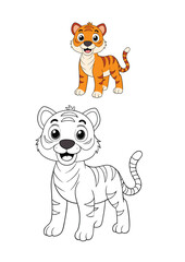 A cute tiger stands happily, smiling warmly with wide eyes and a playful tail curl. Perfect for kids to color, bringing the adorable scene to life with creativity!