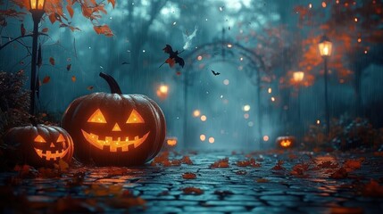 Naklejka premium Spooky Halloween Wallpaper with Jack O Lanterns Glowing in the Fog with Autumn Leaves and Bats in a Dark Night Landscape