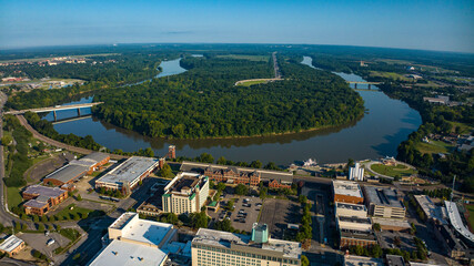 JULY 10, 2023, BIRMINGHAM, AL., USA - aerial view of Birmingham skyline in Alabama and Alabama River