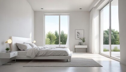 Fototapeta premium A minimalist white bedroom with a large window on the opposite side of the bed , large window, serene room, modern white bedroom