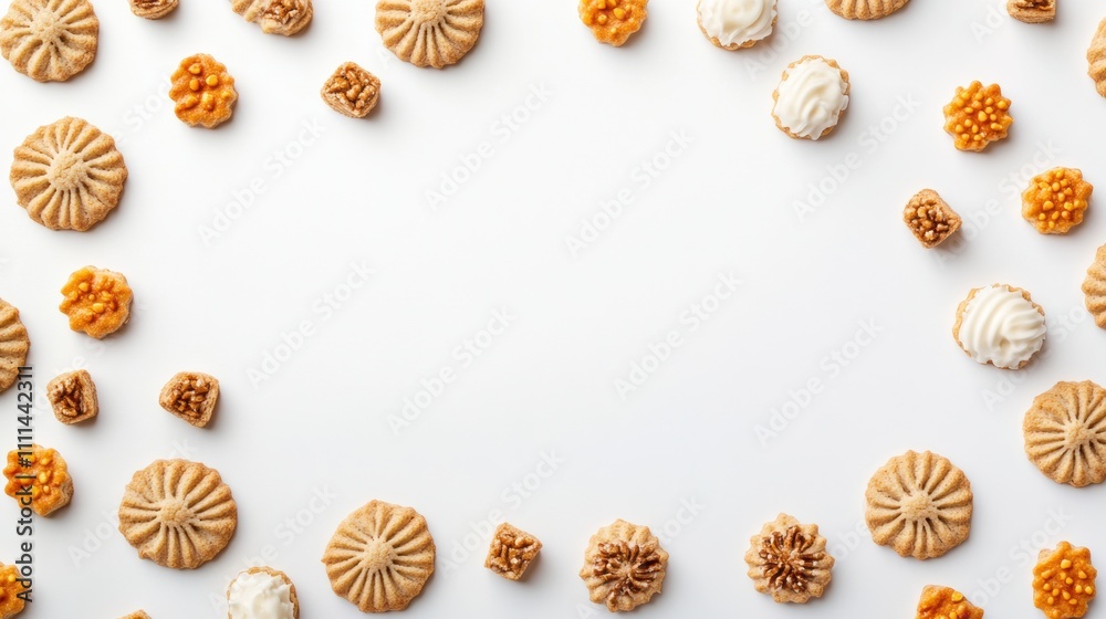Poster an enticing arrangement of various sweets and cookies is showcased on a clean white background, leav
