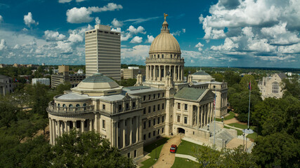 JULY 8, 2023, JACKSON, MS., USA - Mississippi State Capitol and Dome in Jackson Mississippi with skyline