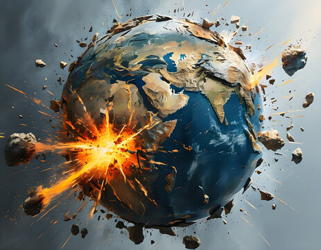 A planet earth exploding in flames destroyed by a bomb