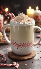 A steaming mug filled with creamy white hot chocolate adorned with sprinkles and crushed candy canes around the rim, candy canes, creamy, festive