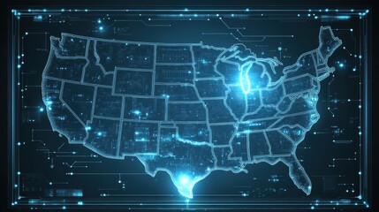 Futuristic Digital Map of the United States with Neon Highlights and Circuit Board Elements for Technology and Data Visualization Concepts