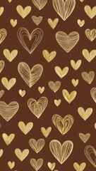 Gold Heart pattern hand drawn design on Brown background illustration