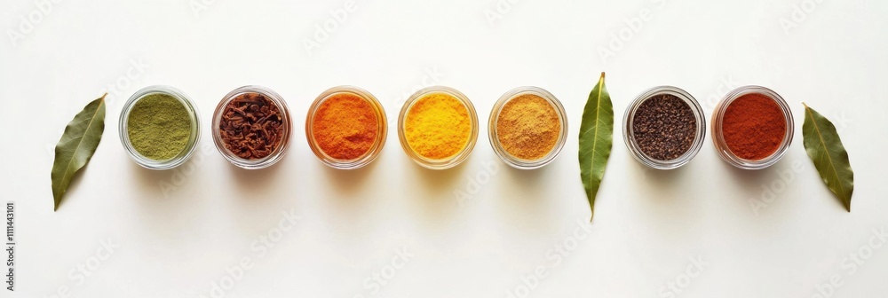 Poster small jars filled with vibrant spices are arranged with bay leaves and cinnamon sticks on a clean, w