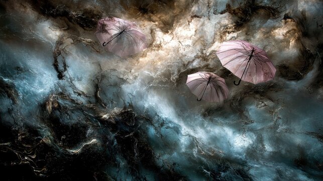 Ethereal Dreamscape with Floating Pink Umbrellas Against a Cosmic Background of Swirling Clouds and Stars in a Surreal Artistic Composition - Powered by Adobe