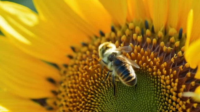 Close-up of a bee pollinating a bright yellow sunflower under sunlight