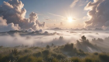 Clouds and mist merge to create an ethereal atmosphere on a foggy summer morning , mist, summer morning