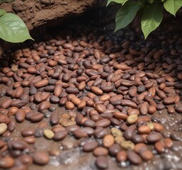 Obraz premium Cocoa beans fermenting in a pit with muddy water and leaves, leaves, earthy, mud