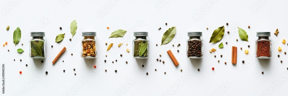 Aufkleber Vibrant spices organized in small jars alongside bay leaves and cinnamon sticks create an inviting display with ample space for text. Generative AI
