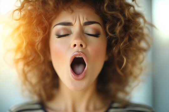 Open Mouthed Curly-Haired Woman Screaming in Soft Lighting
