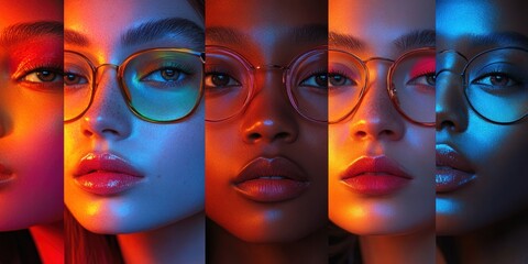 Obraz premium Diverse Women Smiling Portraits Collage Multiracial Faces in Pop Art Style Bright Colors