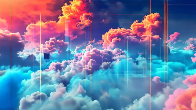 A vibrant sky filled with a multitude of clouds, forming a striking display of colors, A colorful, surreal representation of data migration from NAS to cloud