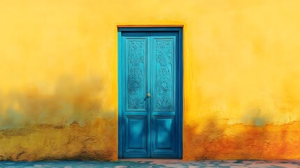 Blue Carved Door Against Yellow Wall