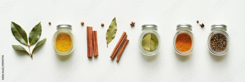 Aufkleber Brightly colored spices stored in small jars alongside bay leaves and cinnamon sticks create an aromatic display with space for text. Generative AI
