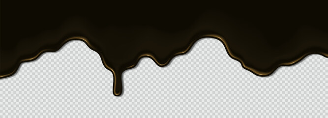 Flowing liquid sticky machine black oil, petroleum pollution. Liquid wave of thick dark paint, bitumen on transparent background. 3d realistic vector illustration. Top horizontal border of the frame
