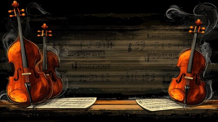 Artistic Composition of Two Violins Framed by Musical Notes on a Dark Background, Perfect for Music...