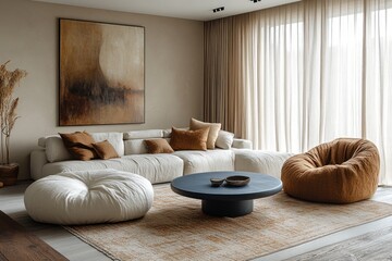Fototapeta premium Serene Minimalist Living Room with Blue Table Organic Decor Natural Light and Cozy Atmosphere