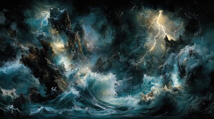 Dramatic Dark Sea with Turbulent Waves, Crashing Water, Intense Lightning, and Majestic Clouds in a Surreal Stormy Sky Setting