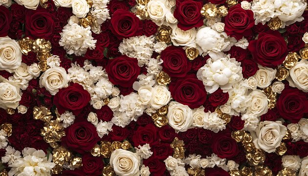 A vibrant arrangement of red and white roses with gold accents, ideal for decor or celebrations.