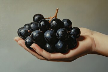 A luscious bunch of black grapes held in a hand their glossy surface contrasting with a neutral gray background