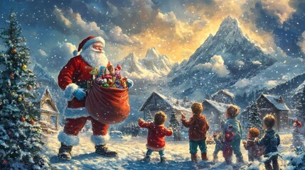 Santa Claus with Gifts in Winter Wonderland