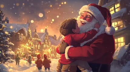 Happy Santa Hugging Children in Winter Wonderland