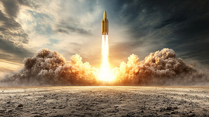 A rocket launches into a dramatic sky, surrounded by clouds of smoke and fire, symbolizing exploration and technological advancement.