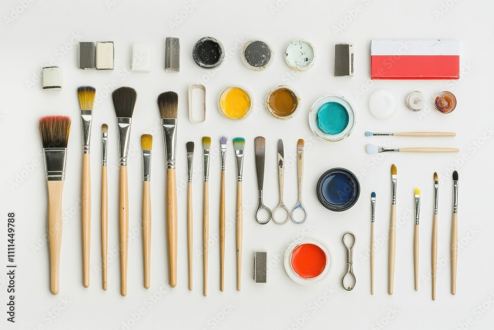 Poster paint brushes, scissors, containers of paint, and glue arranged neatly, offering a tidy workspace fo