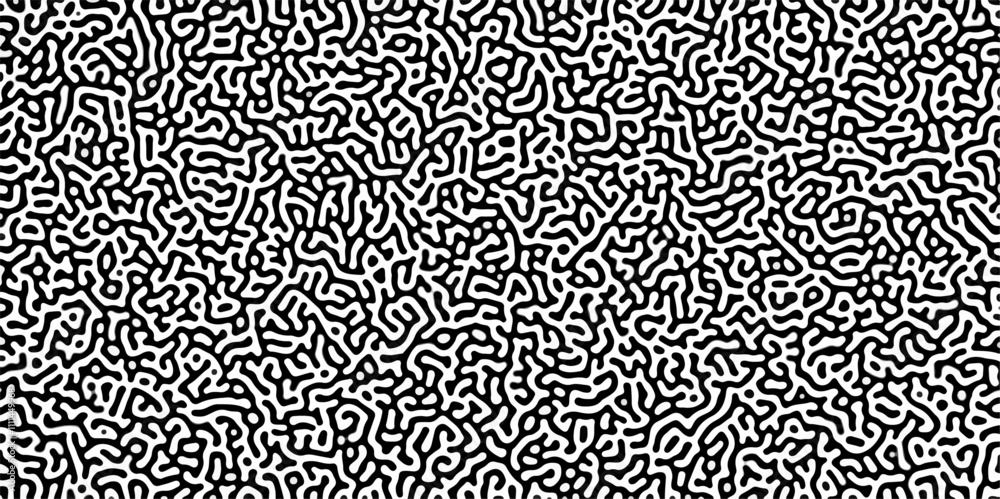 Poster Turing reaction diffusion monochrome seamless pattern with chaotic motion .Linear design with biological shapes. Organic lines in memphis. abstract turing organic wallpaper background .	