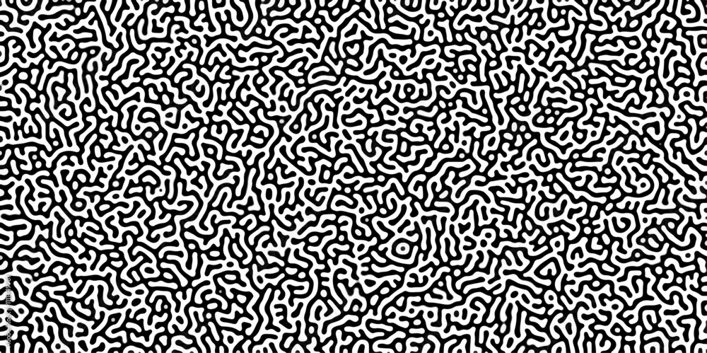 Poster Turing reaction diffusion monochrome seamless pattern with chaotic motion .Linear design with biological shapes. Organic lines in memphis. abstract turing organic wallpaper background .	