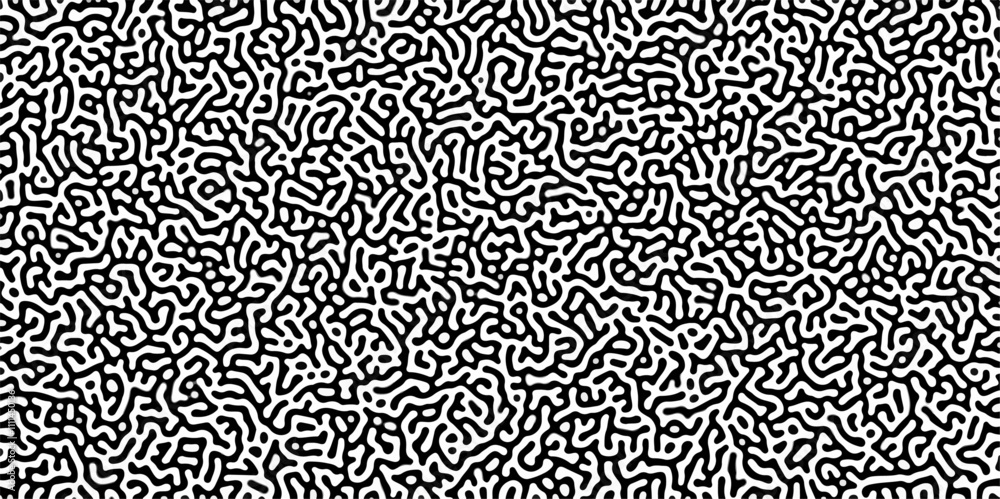 Poster Turing reaction diffusion monochrome seamless pattern with chaotic motion .Linear design with biological shapes. Organic lines in memphis. abstract turing organic wallpaper background .	