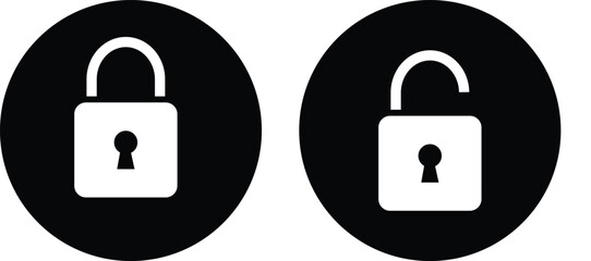 Security lock icon set. Locked and unlocked black line icon set. Flat security symbol. Vector illustration