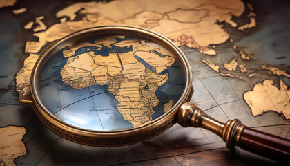 An old magnifying glass with a world map focused on one of the continents