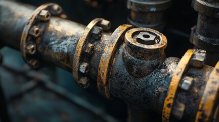 Detail of old rusty metal pipes and valves. Industrial background.