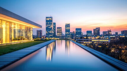 Modern city skyline at dusk with reflective water and vibrant sunset colors.