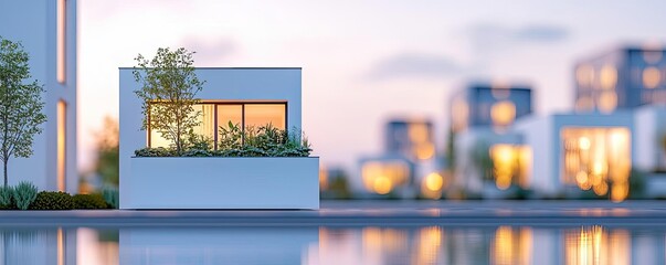 Fototapeta premium Modern architectural house with large windows, greenery and reflection on water.