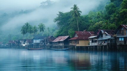 Fototapeta premium Fog view in coastal village